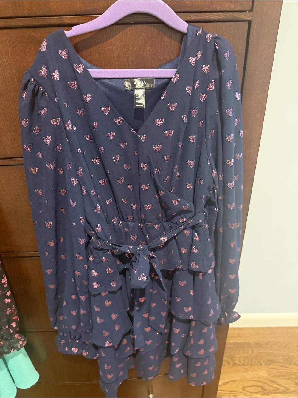 Aqua Girls Navy Dress with Pink Sparkle Hearts
